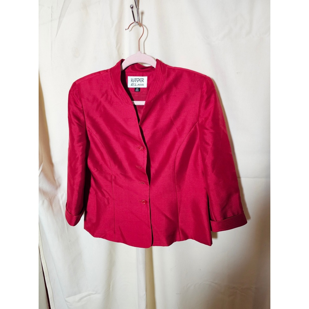 Kasper ASL Skirt Suit Set 10P Red 100% Silk Blazer Pencil Skirt Career Holiday